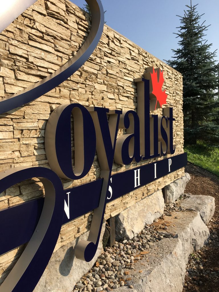 Close up view of Loyalist Township's new welcome sign.