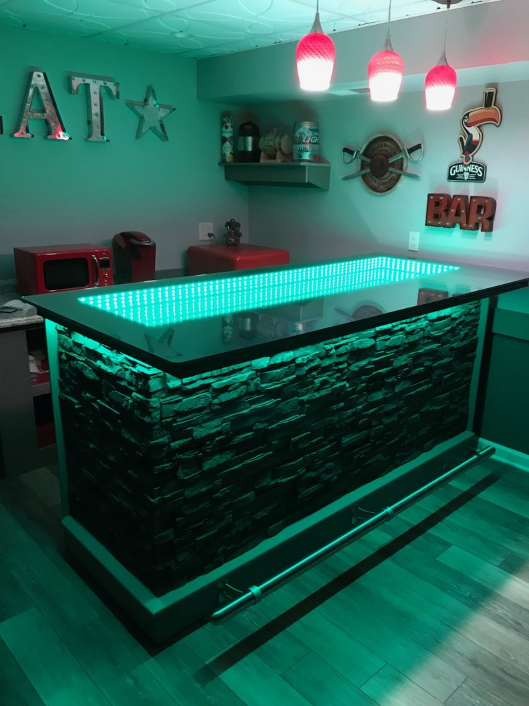DIY home bar with infinity mirror top and color changing LED lights