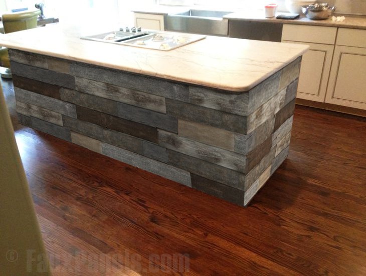 Kitchen island resurfaced with faux shiplap board panels.