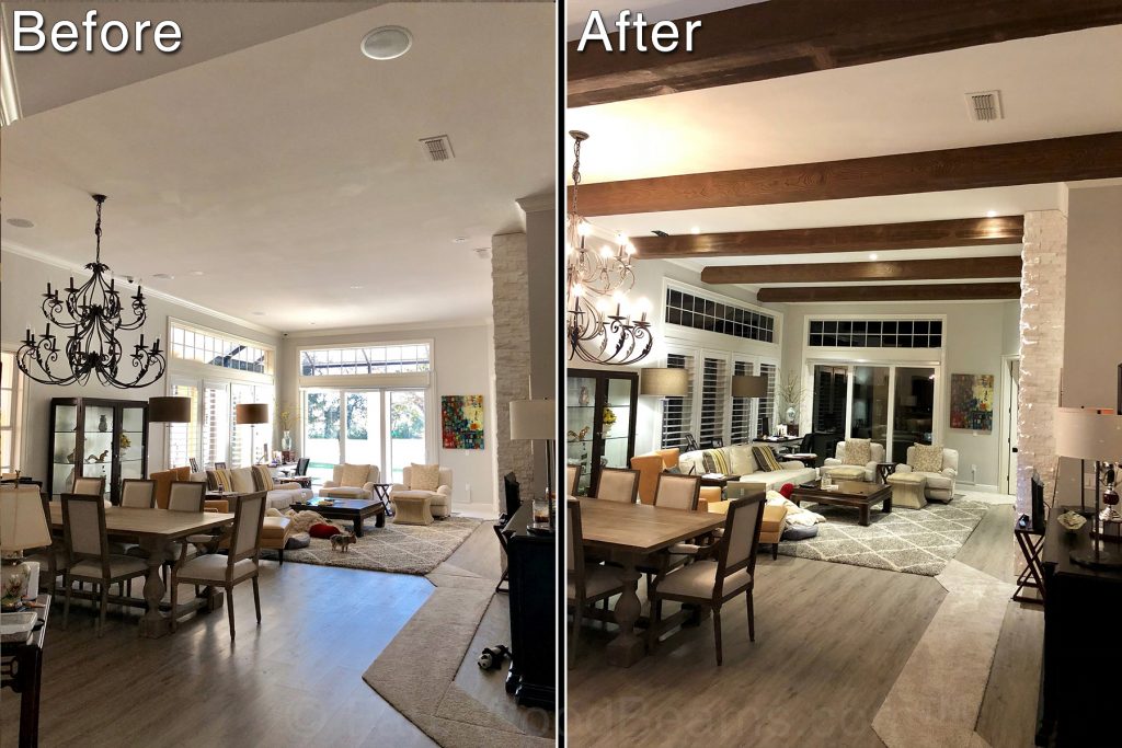 A home's interior design upgraded with Custom Beachwood beams installed in parallel on the ceiling.