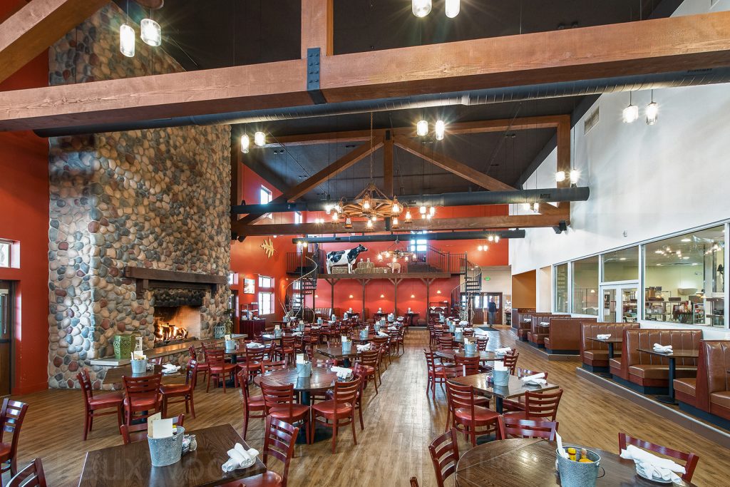 The restaurant's trusses are purely decorative and conceal the ceiling's steel framework.