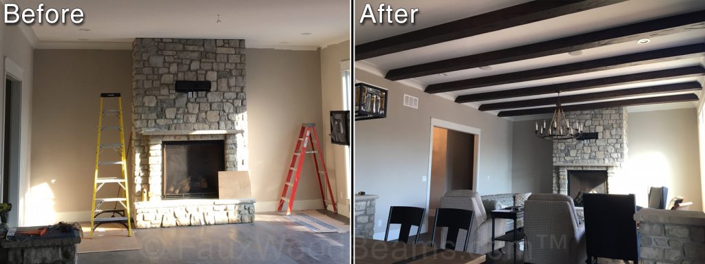 Living room before and after, with rustic exposed beams added to the ceiling.