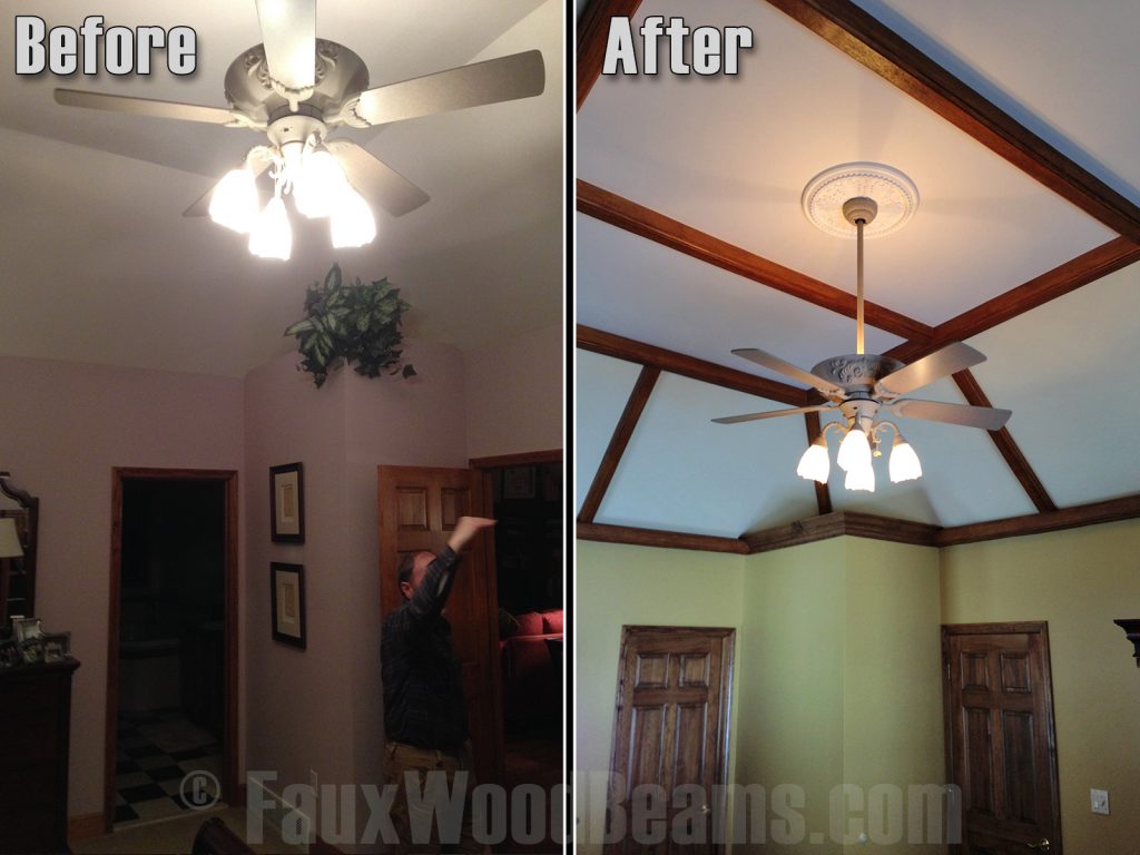 Before and after of ceiling with beams used to break up the white space.