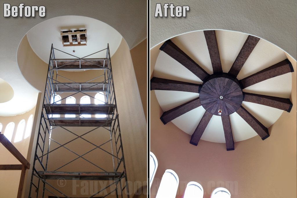 Before and after photos of circular ceiling with faux wood beams arranged in wheel spokes pattern.