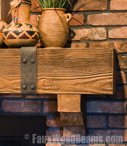 Close-up view of a faux wood mantel.
