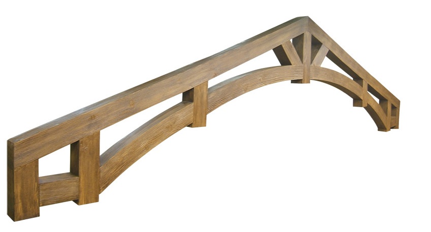 Truss made from faux wood arched and straight beams.