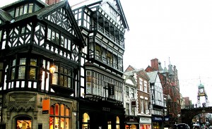 Authentic Tudor Buildings on Chester High Street in the UK