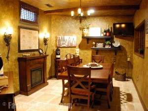 Faux wood ceiling beams beautifully accent this home's dining room.