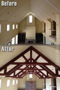 Getting that elaborate truss onto your ceiling is simpler than you might think. Before and after photo of ceiling with a new decorative truss.