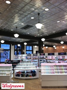 Walgreens updated the commercial design of their Flagship store with faux wood ceiling beams. The brand new look of the Walgreens flagship store in San Francisco, California.