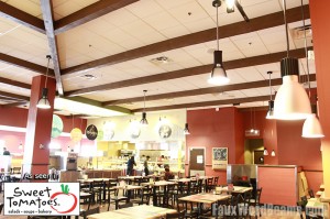 Beautiful ceiling design at the Sweet Tomatoes restaurant in Miami. Faux beam restaurant interior design at Sweet Tomatoes, Miami Florida.