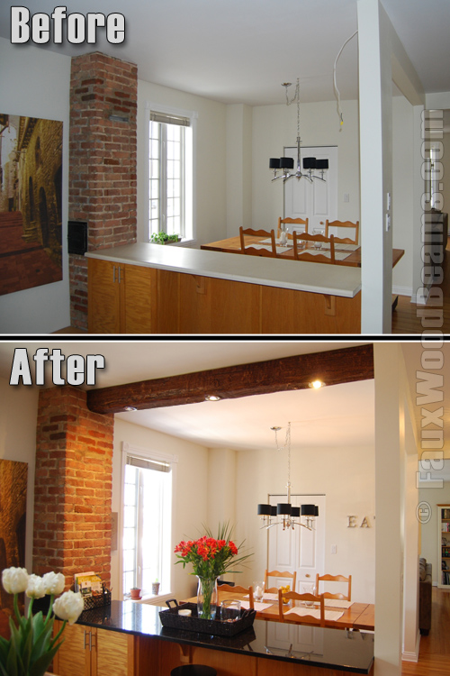 Before and after picture of a single ceiling beam installed over a kitchen's countertop