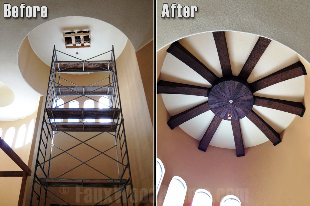 Recessed ceiling lighting fixture made with faux wood beam design.