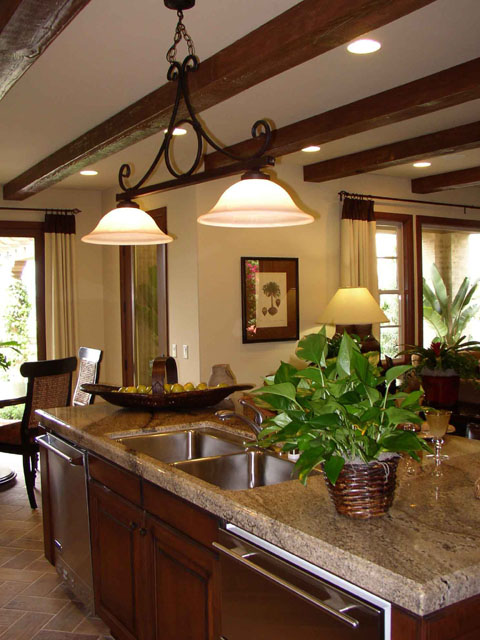 Kitchen ceiling beams arranged in traditional parallel layout.
