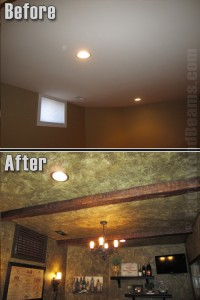 Before and after photo of a wine cellar ceiling with Timber style beams added.