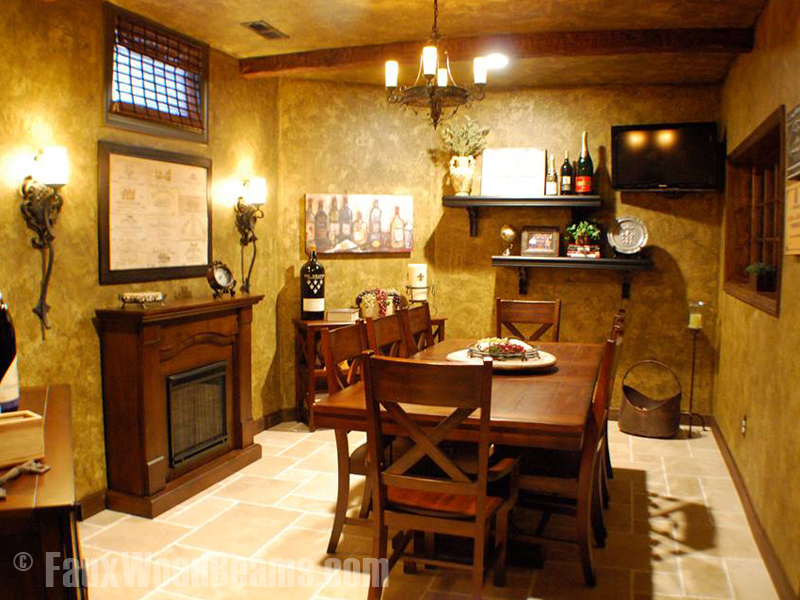 Sophisticated DIY wine cellar with Timber beams on the ceiling.