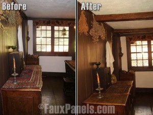 Before and after photos of a medieval-themed bedroom remodeled with ceiling beams.