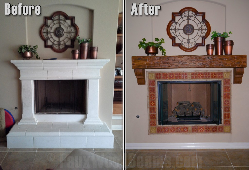 Before and after photo of fireplace remodeled with a new mantel and corbels underneath.