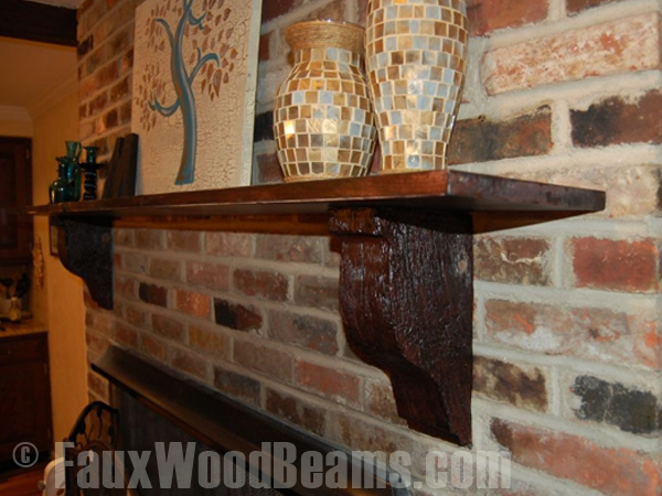 Brick wall with wood style shelf and corbels