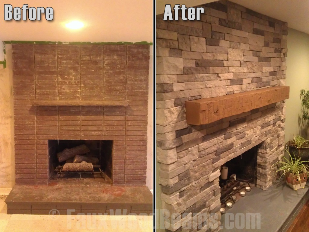 Before and after photo of a fireplace remodeled with an imitation wood mantel.