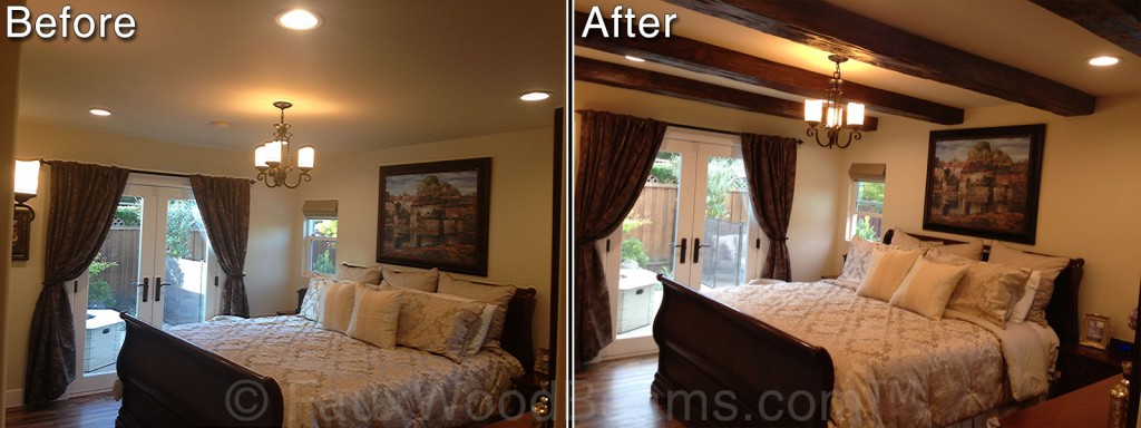 Before and after picture of a bedroom design with imitation wood beams installed.