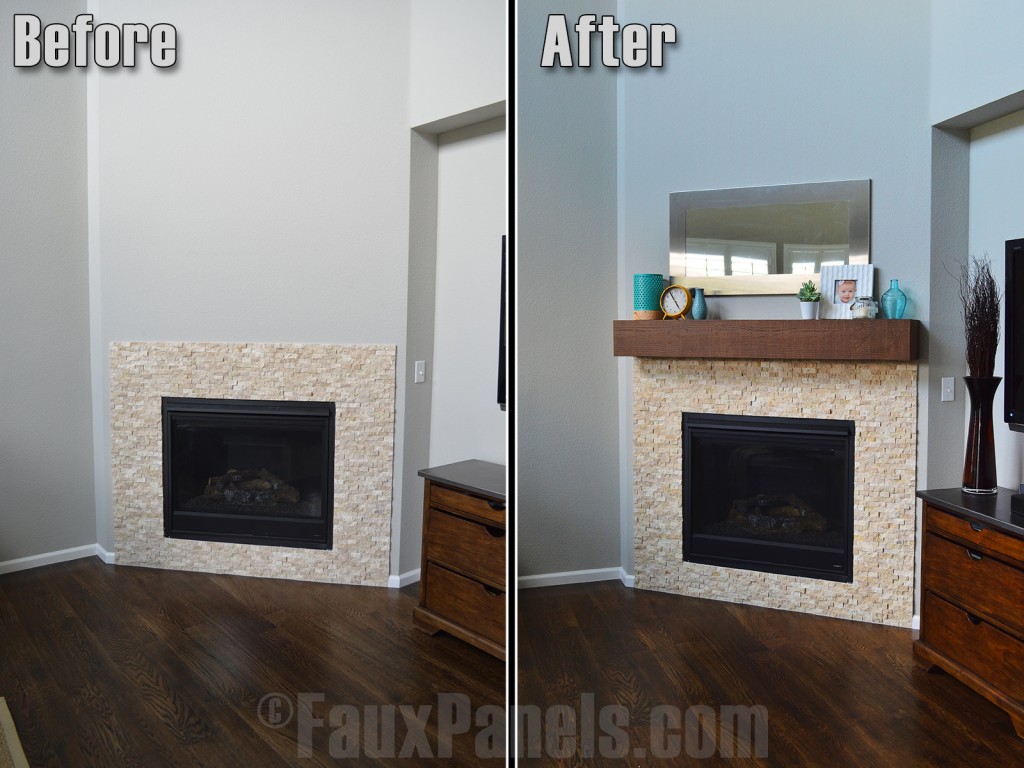 Before and after photo of a faux fireplace mantel installed.