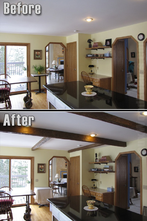 A before and after example of a kitchen remodeled with imitation wood beams.