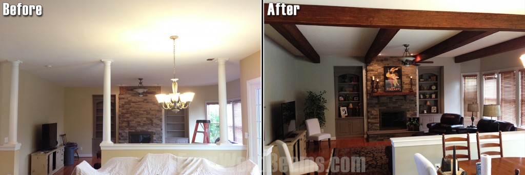 Sandblasted beams give a living room and dining area a sophisticated touch.