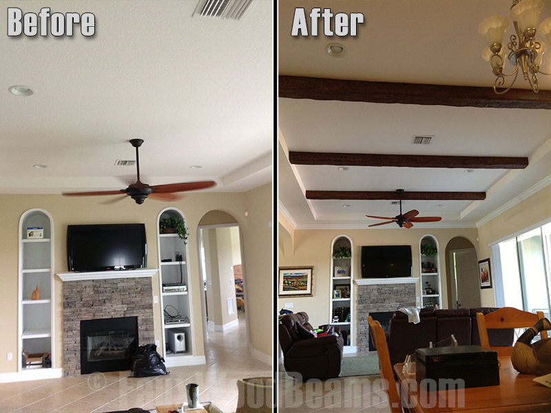 Before and after shot of a living room's plain white ceiling updated with faux timber beams.