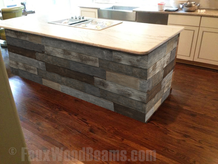 Multicolor Barn Board panels used to side a kitchen island