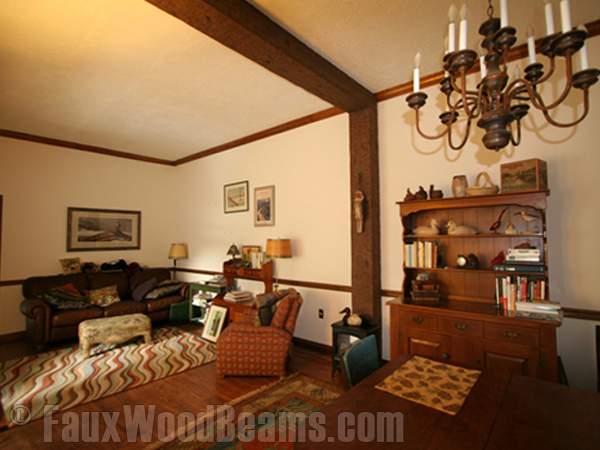 Open floor plan designs are greatly enhanced with the help of faux beams.
