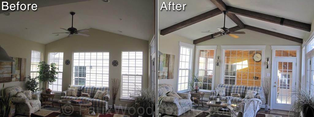 Before and after photos of a sun room's vaulted ceiling remodeled with exposed beams.