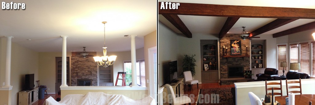 Before and after ceiling remodel in living room