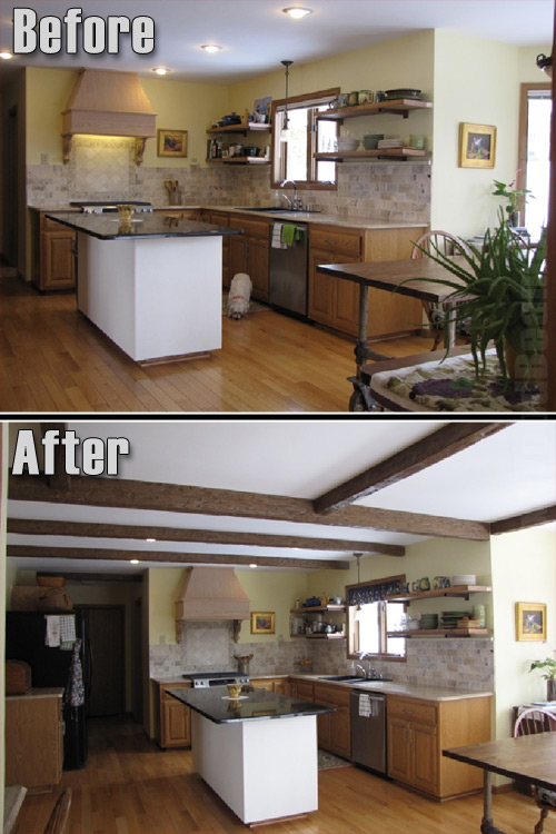 Before and after photo of kitchen ceiling redone with intersecting wood style beams.