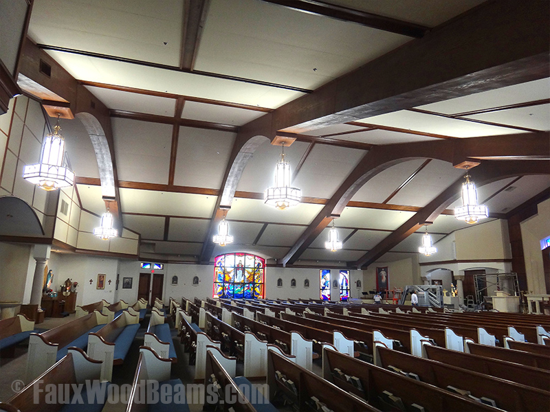 Vaulted church ceiling remodeled with Woodland beams.