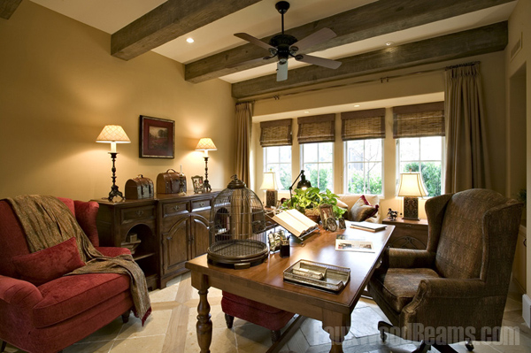 Timber beams add stunning character to a cozy living room.