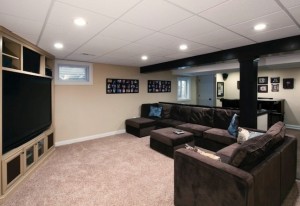 A suspended, or 'drop' ceiling is a common element in finished basements.