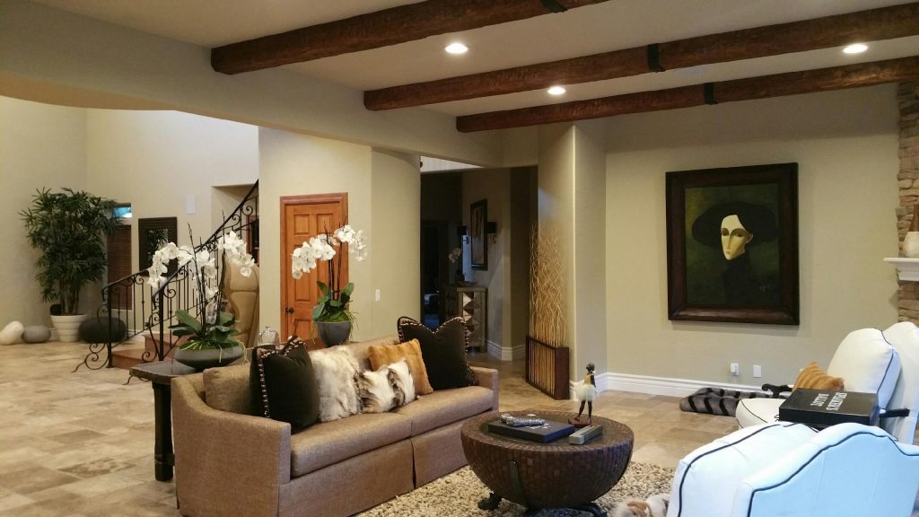A home's Mediterranean style is beautifully complemented with exposed Timber beams.