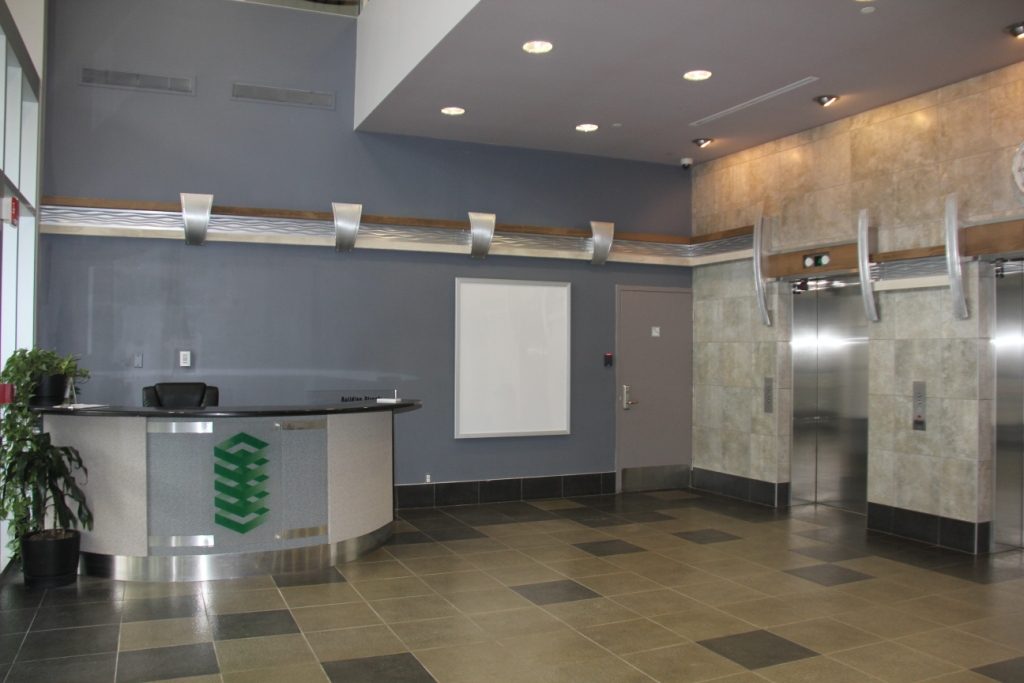 Full view of lobby design at Executive Place, a commercial building in Alberta, Canada.