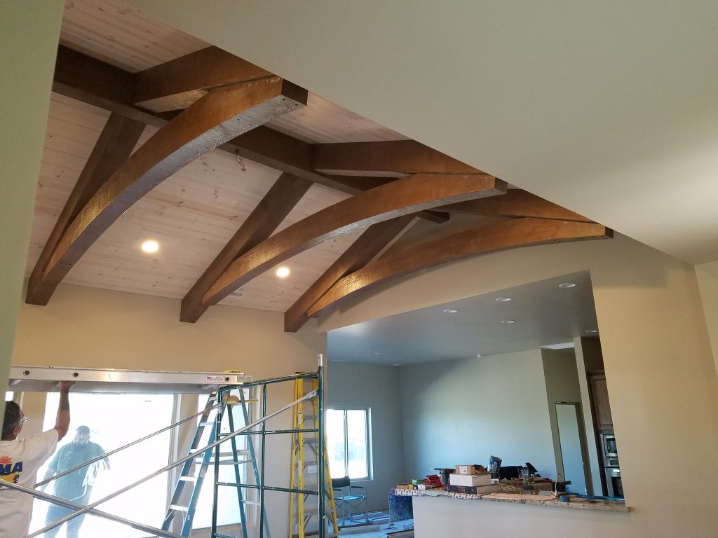 Arched trusses installed in Bob's living room.