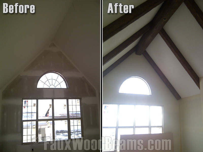 Before and after photo of beams emulating real structural ridge and rafters.