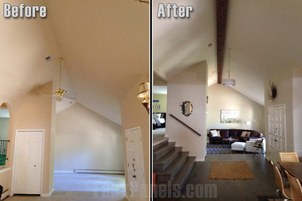 Before and after photo of a single faux beams installed on a ceiling's apex.