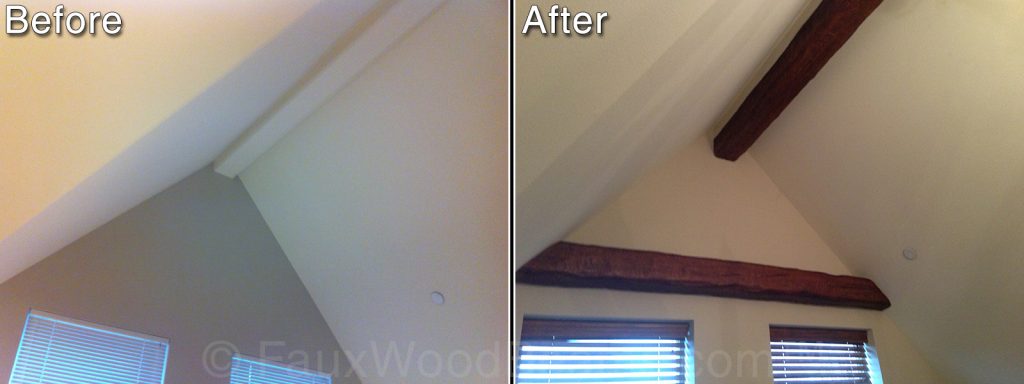 Bedroom before and after with beams added to the ceiling and wall