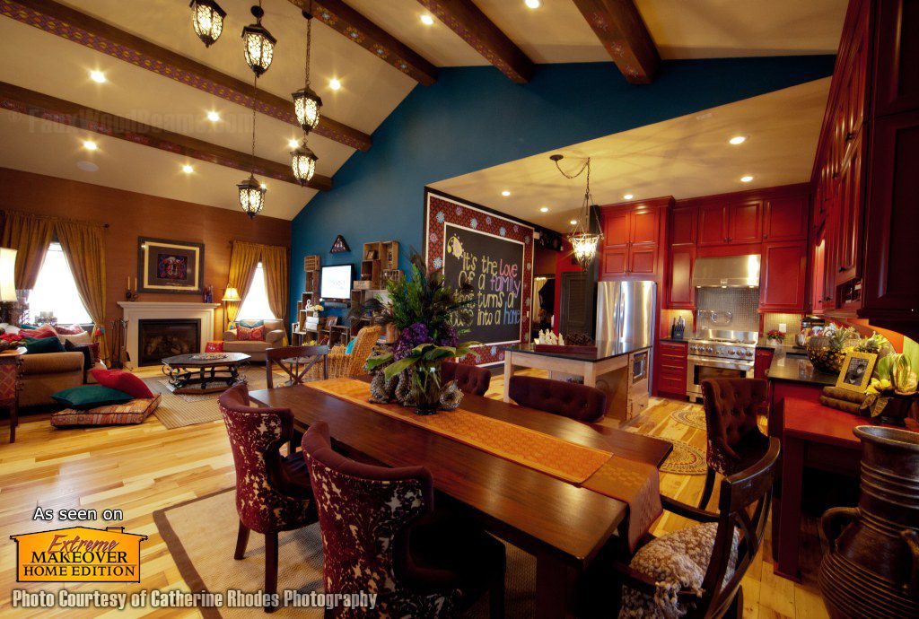 Beams installed in an open plan room featured on Extreme Makeover: Home Edition