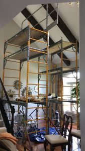 DURING: Scaffolding was need to reach the ceiling, but the beams lightweight nature helped ease the challenge.