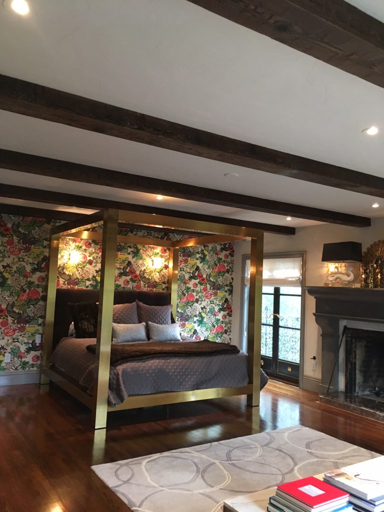 Master bedroom in a San Francisco home, with newly added box beams in Charred Brown color.