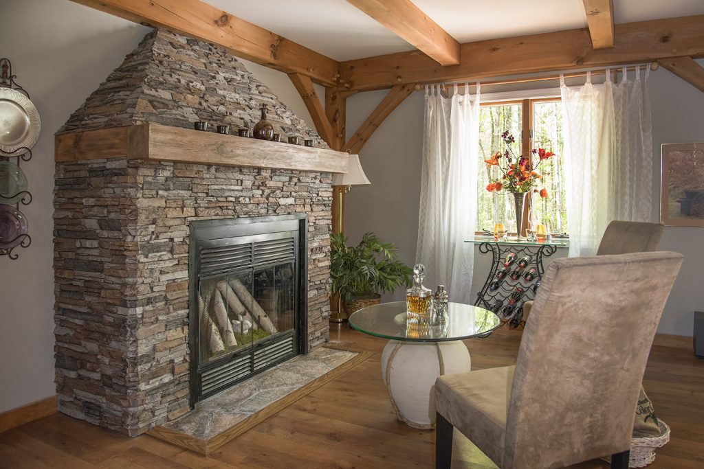 Living room mantel in custom-stained to match the room's other wood elements