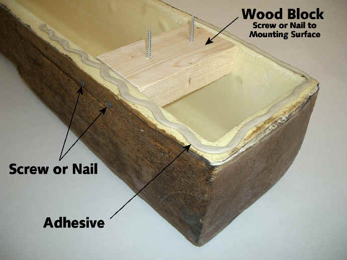 Close up view of wood mounting block inside a beam