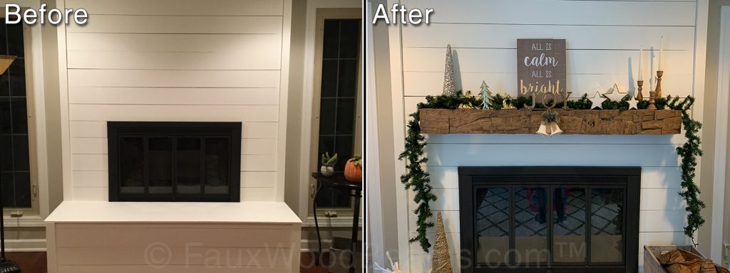 Before and after fireplace, updated with a Custom Rough Hewn Mantel