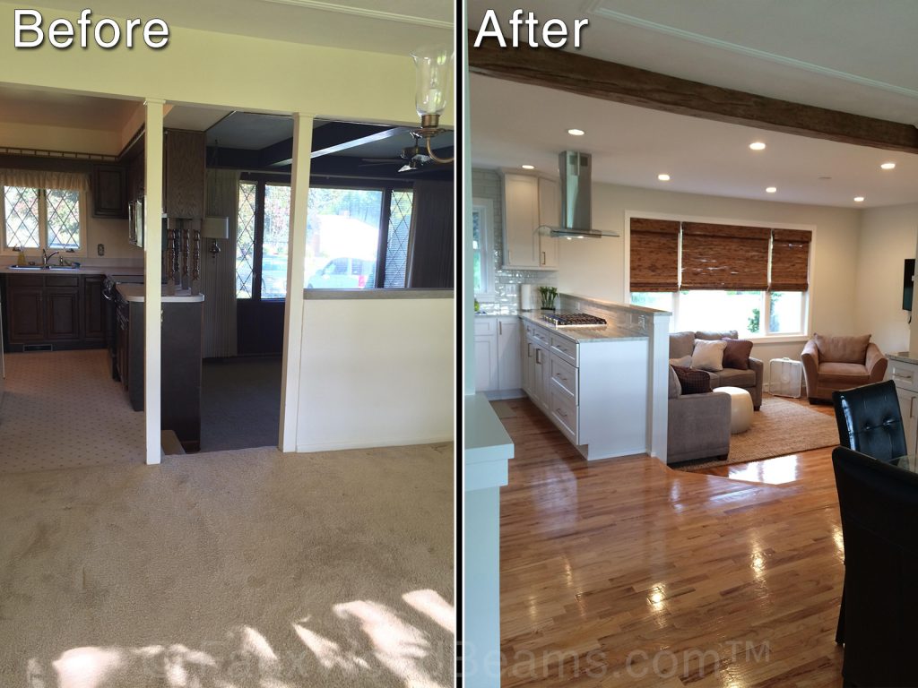 A single Custom Timber beam marks the space between the kitchen, dining area and living room.